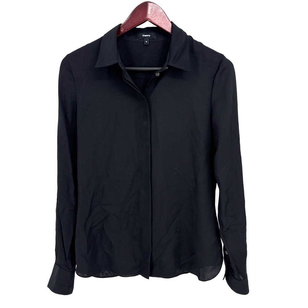 Theory Women M Long Sleeve Button Up Blouse Classic Fitted Shirt Black Silk NWT